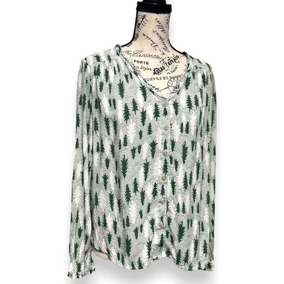 Maeve Anthropologie 4 Green White Blouse Holiday Whimsical Cottagecore Flowy Top - Picture 3 of 12